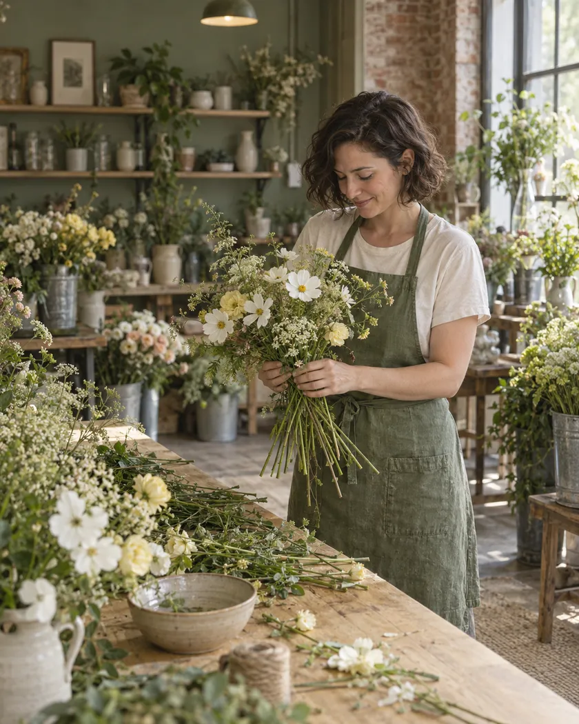 A florist working on an arrangement