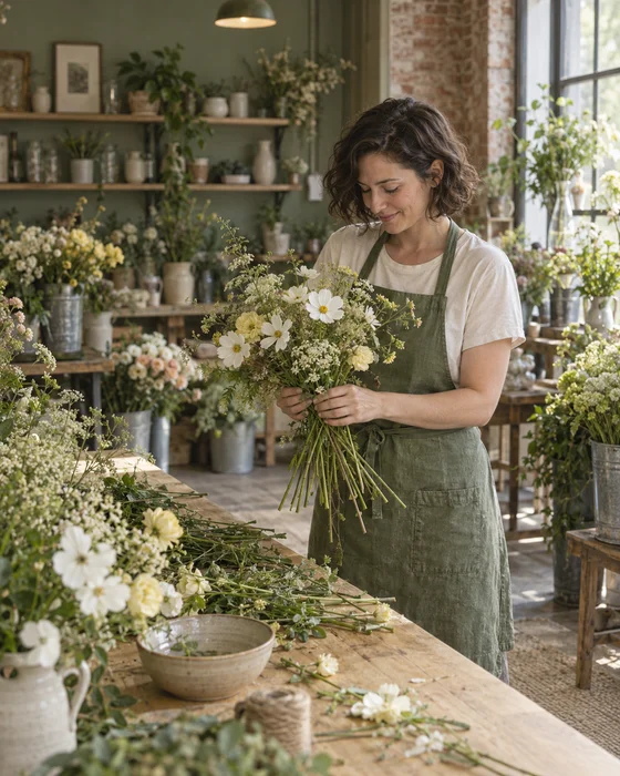 A florist arranging fresh flowers in a sunlit neighbourhood shop.